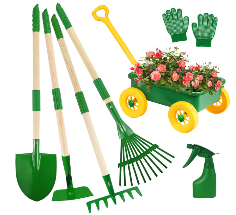 Set Jardín para Niños 7 Piezas con Carretilla Herramientas Jardinería 3+