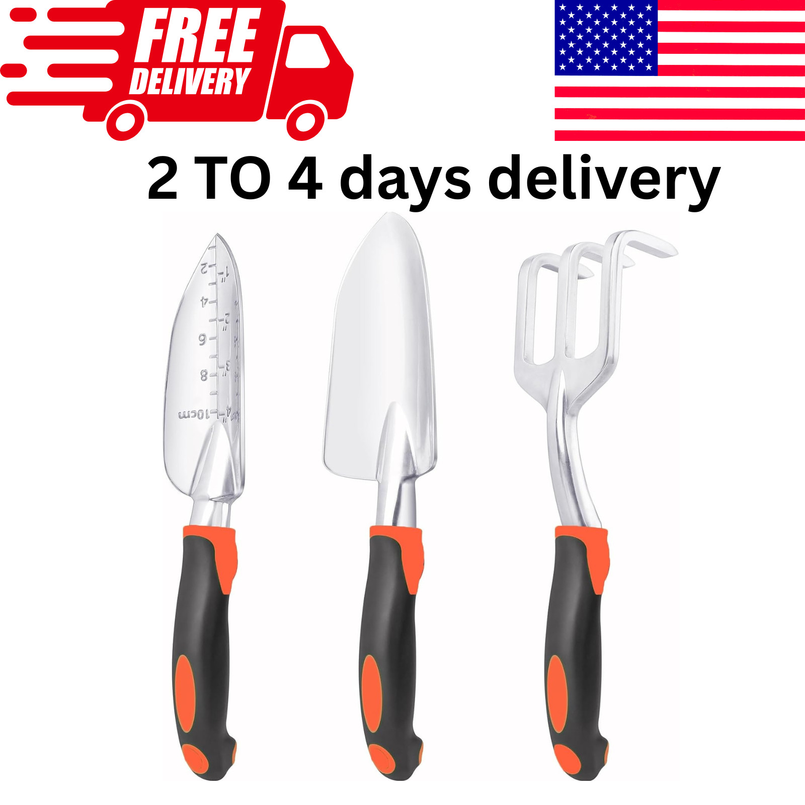 3 Pack Heavy Duty Garden Tools Set Shovel Trowel Hand Rake Orange Ergonomic