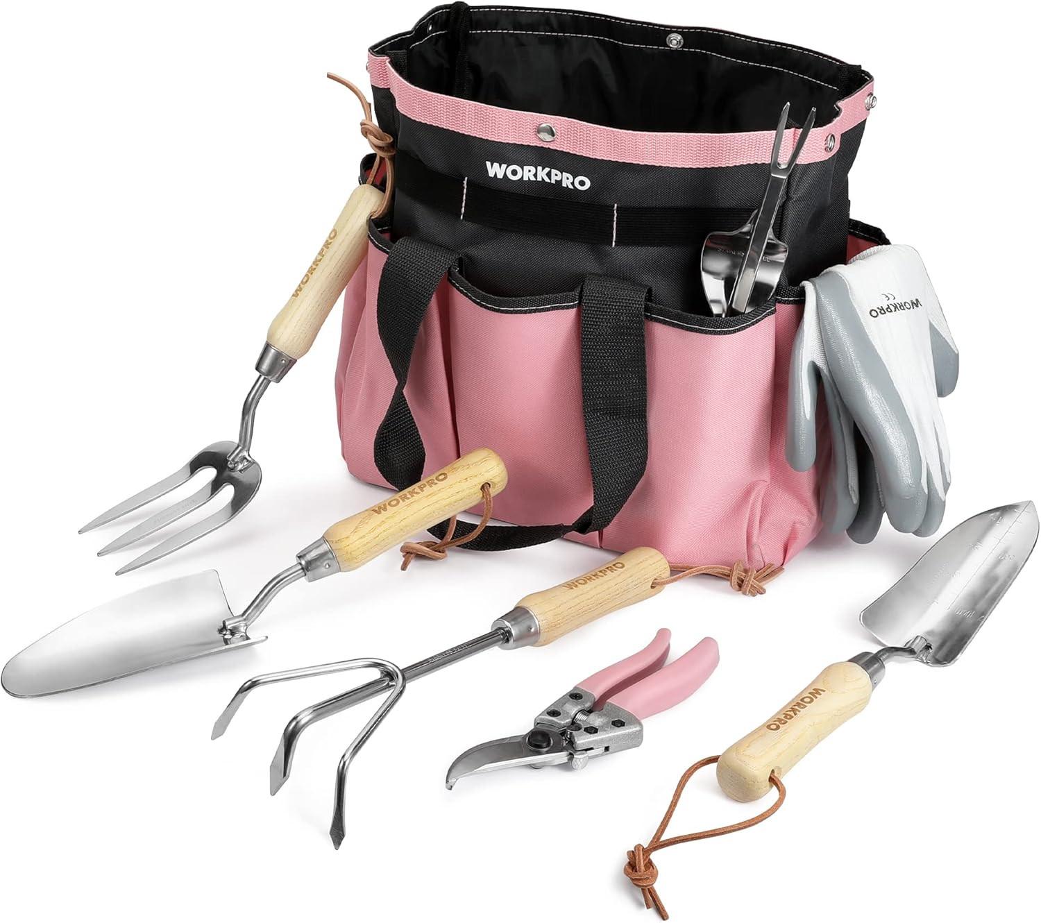 8-Piece Pink Stainless Steel Garden Tool Set with Tote and Accessories