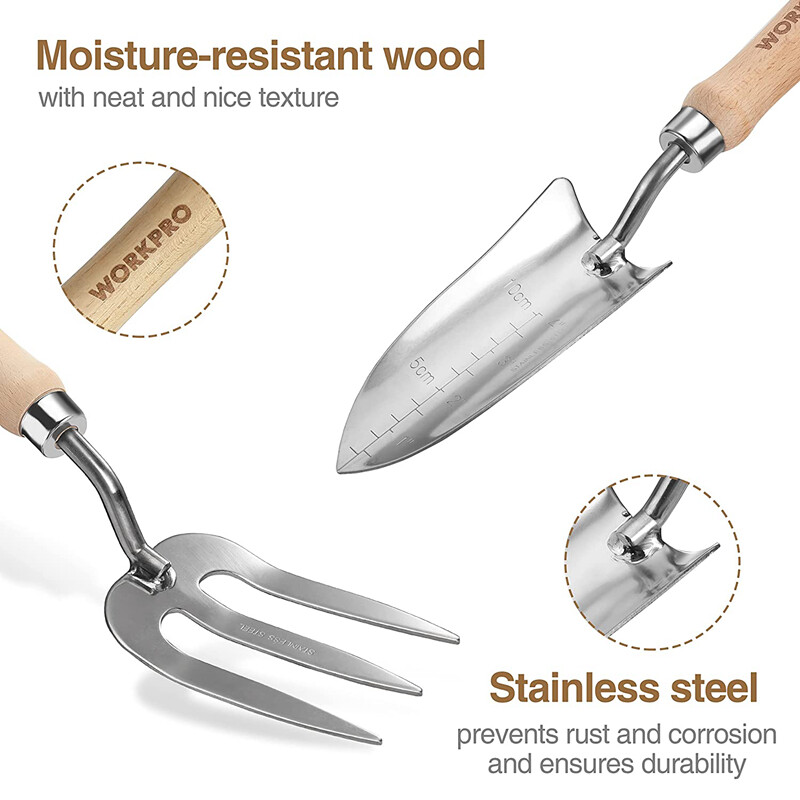 WORKPRO Pink Garden Tool Set 7PC Stainless Steel Heavy Duty Tool w/Wooden Handle