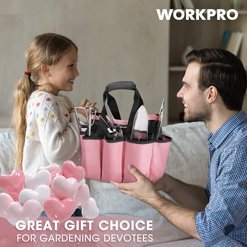 WORKPRO Pink Garden Tool Set 7PC Stainless Steel Heavy Duty Tool w/Wooden Handle