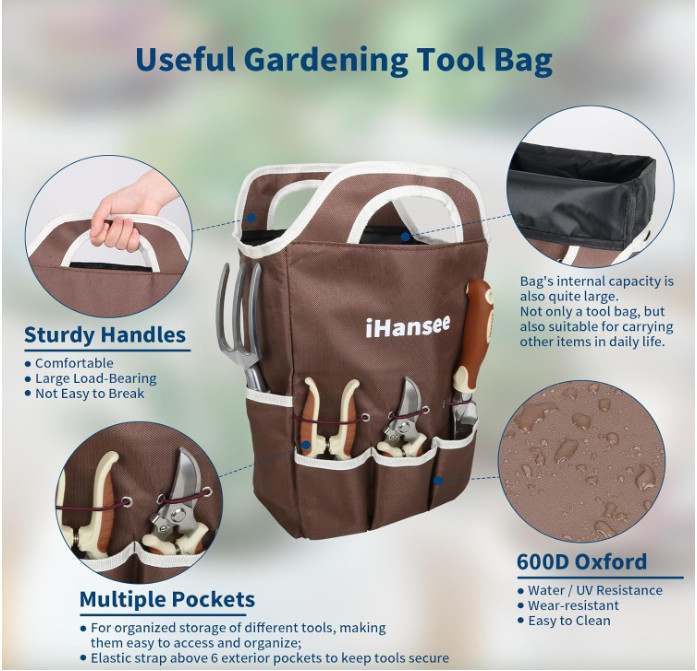Set jardinería 12 piezas con bolsa, guantes, rodillera, mangos ergonómicos