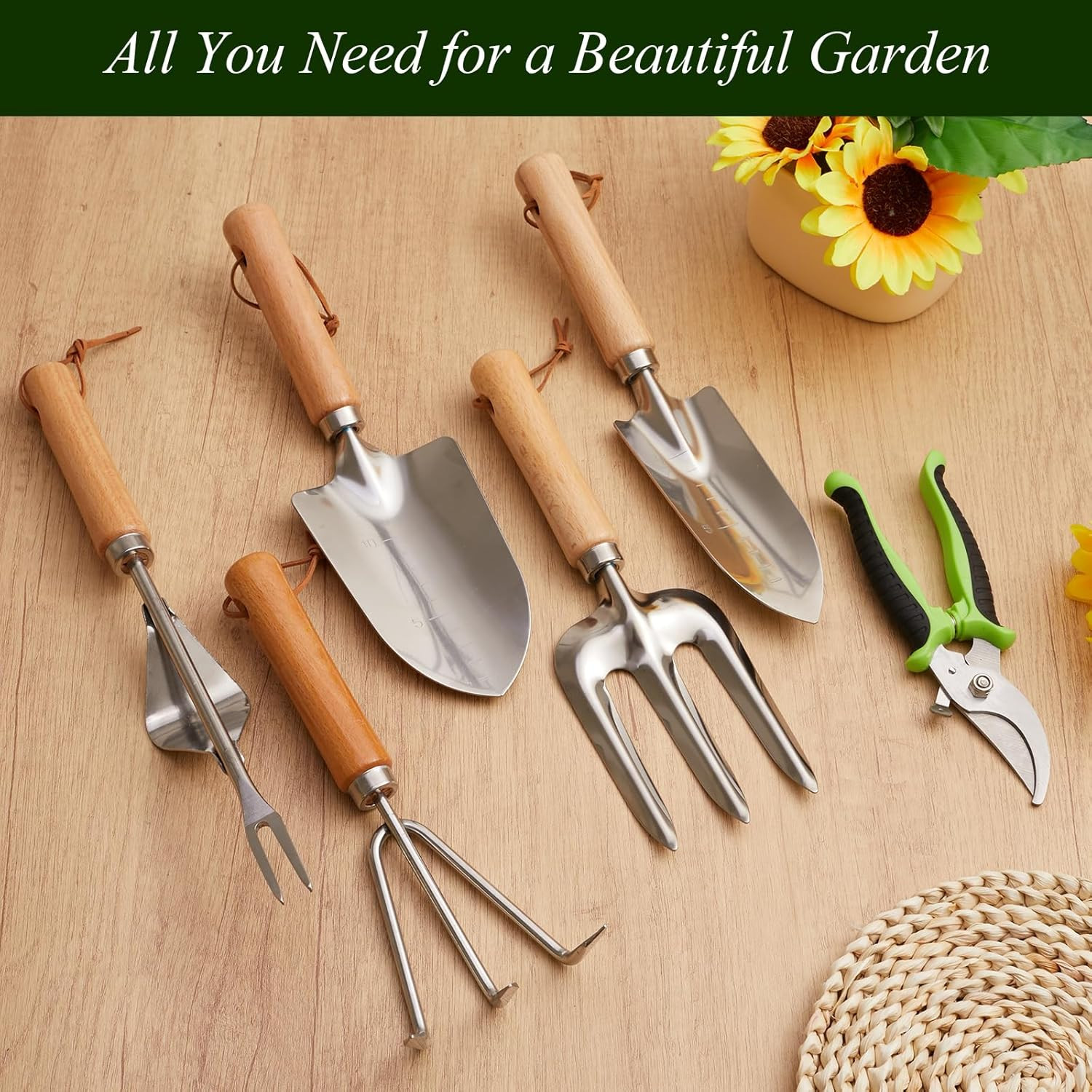 Gardening Tool Set – 10 Piece Stainless Steel Garden Tools with Wood Handle, Pru