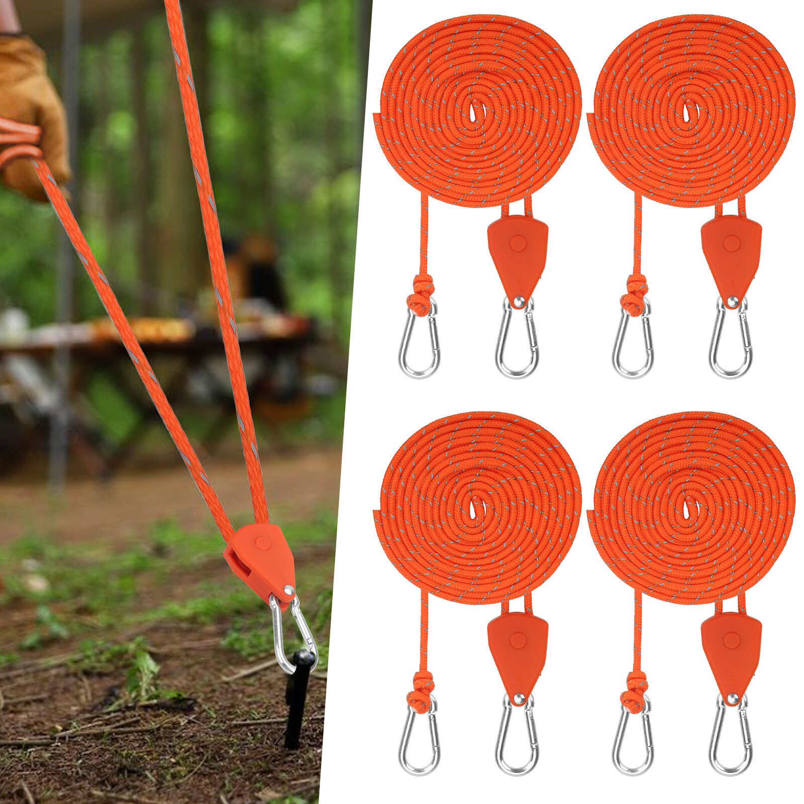 4Pcs Tent Rope Pulley Kit 4M Reflective Cord w/ Adjustable Ratchet Hanger 300lbs