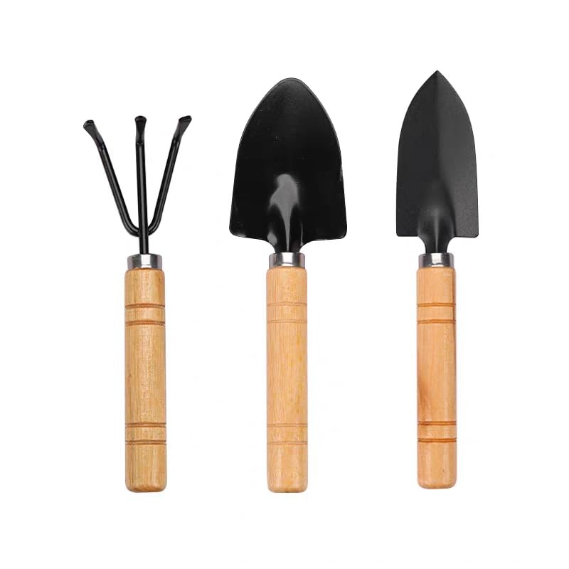 Mini Gardening Tool Set – 3PCS Hand Shovel, Rake, Spade with Wooden Black