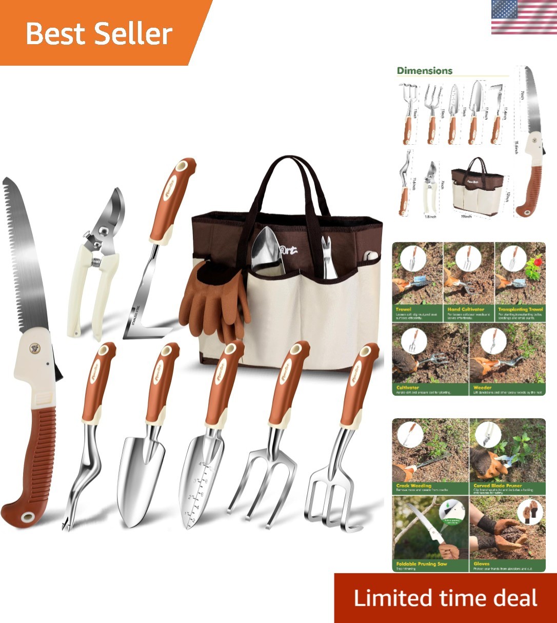 Versatile 10-Piece Gardening Tool Set for Women & Men: Gloves & Tote Included