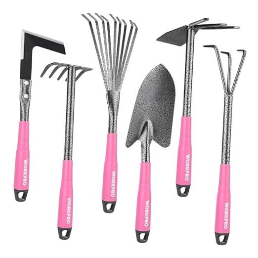 6-Piece Garden Tool Set—Heavy Duty Hand Tools—Soft Rubber Pink