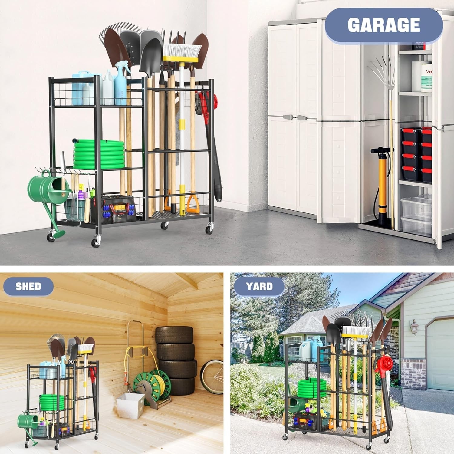 Large Garden Tool Organizer with Wheels for Garage, Rakes/Shovels/Yard Tools …