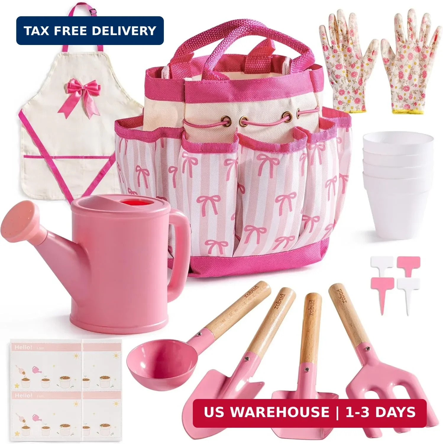 ROBUD Kids Gardening Set 18 PCS Bow Theme Garden Tools for Kids with Storage Bag