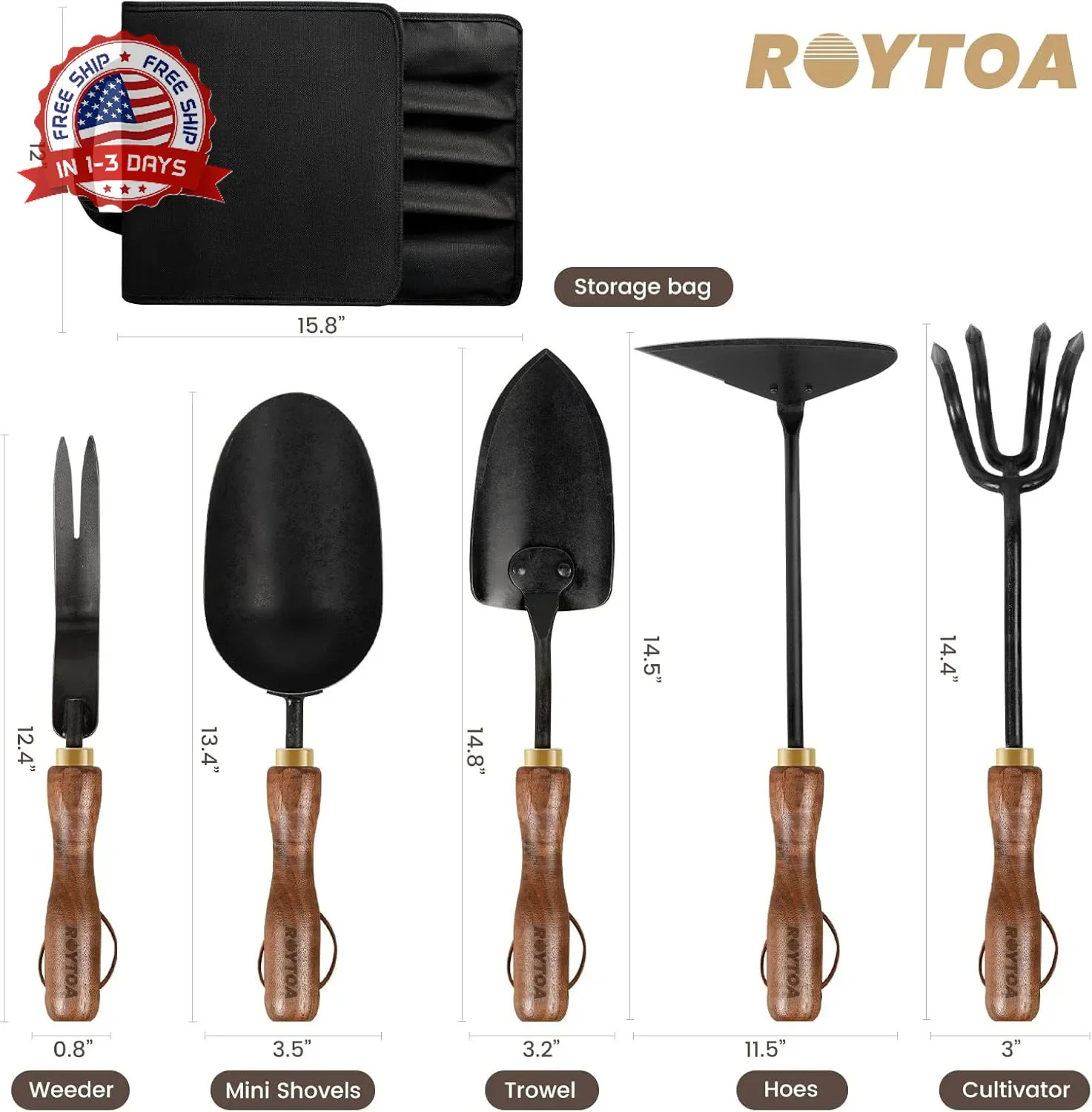 ROYTOA Garden Tool Set, 5PCS Gardening Tools, Stainless Steel Heavy Duty Hand Cu