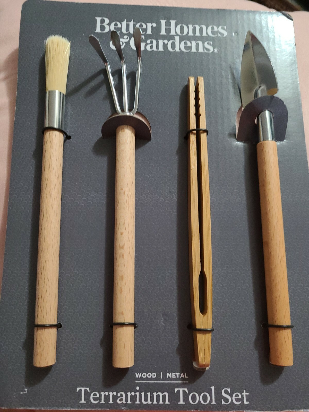 Better Homes & Gardens Terrarium Tool Set Wood Metal Rake Shovel Brush Tweezers