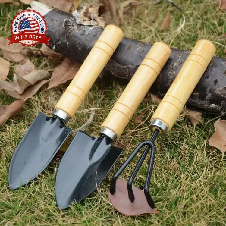 Mini Gardening Tool Set, Shovel, Spade, Rake Kit with Ergonomic Wooden Handles,