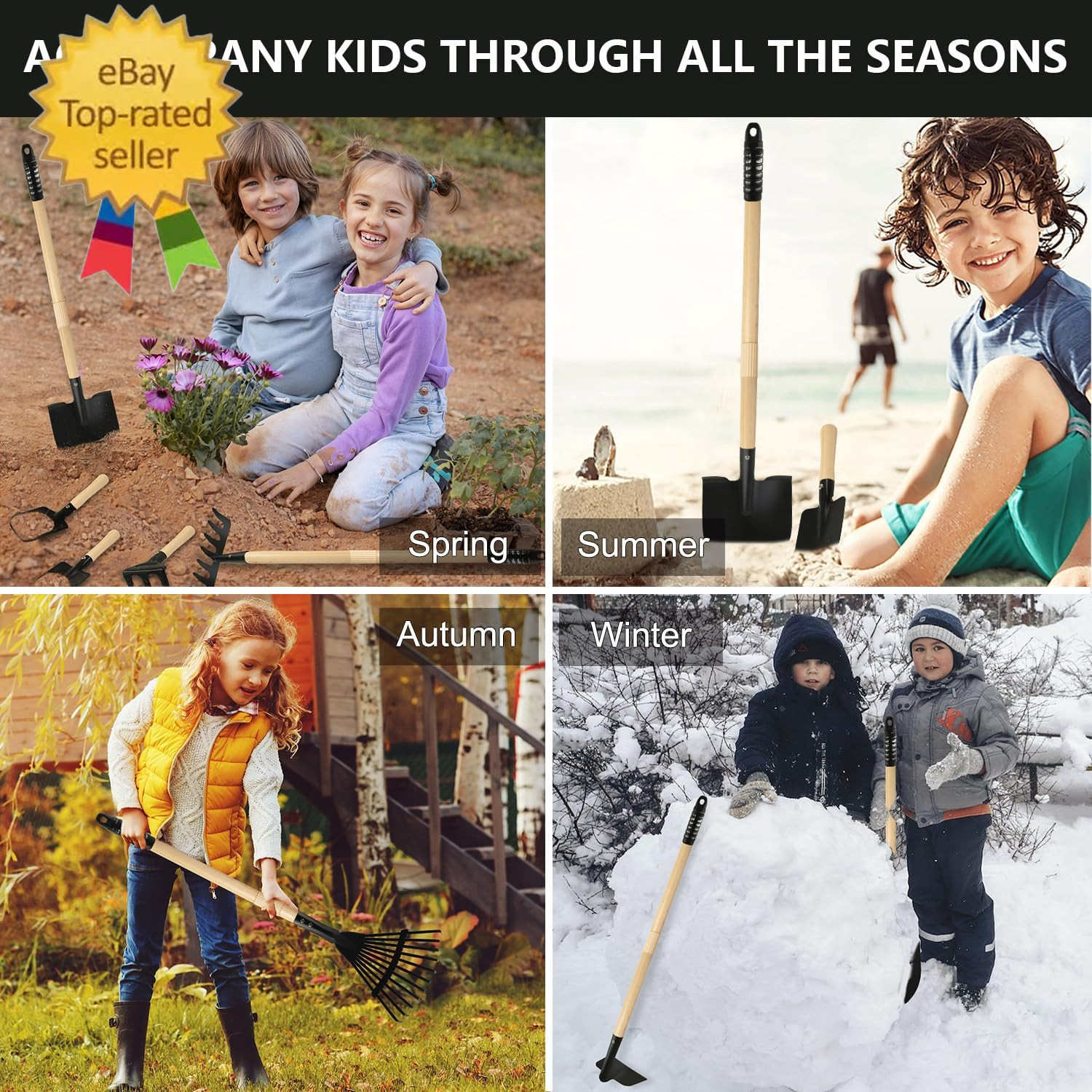 Kids Rake and Shovel Sets, 7PCS Child Metal Gardening Tools for Real Digging