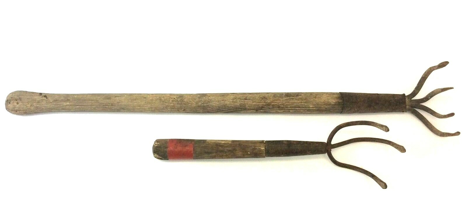 Two Vintage Used Wood Handle Iron Metal Gardening Tools Hoes Claws Hooks