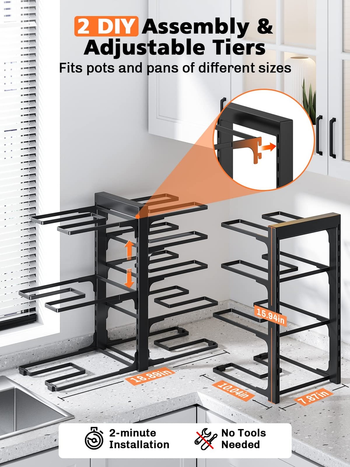 MUDEELA 8-Tier Heavy Duty Adjustable Pots and Pans Organizer and 10 Expandabl…