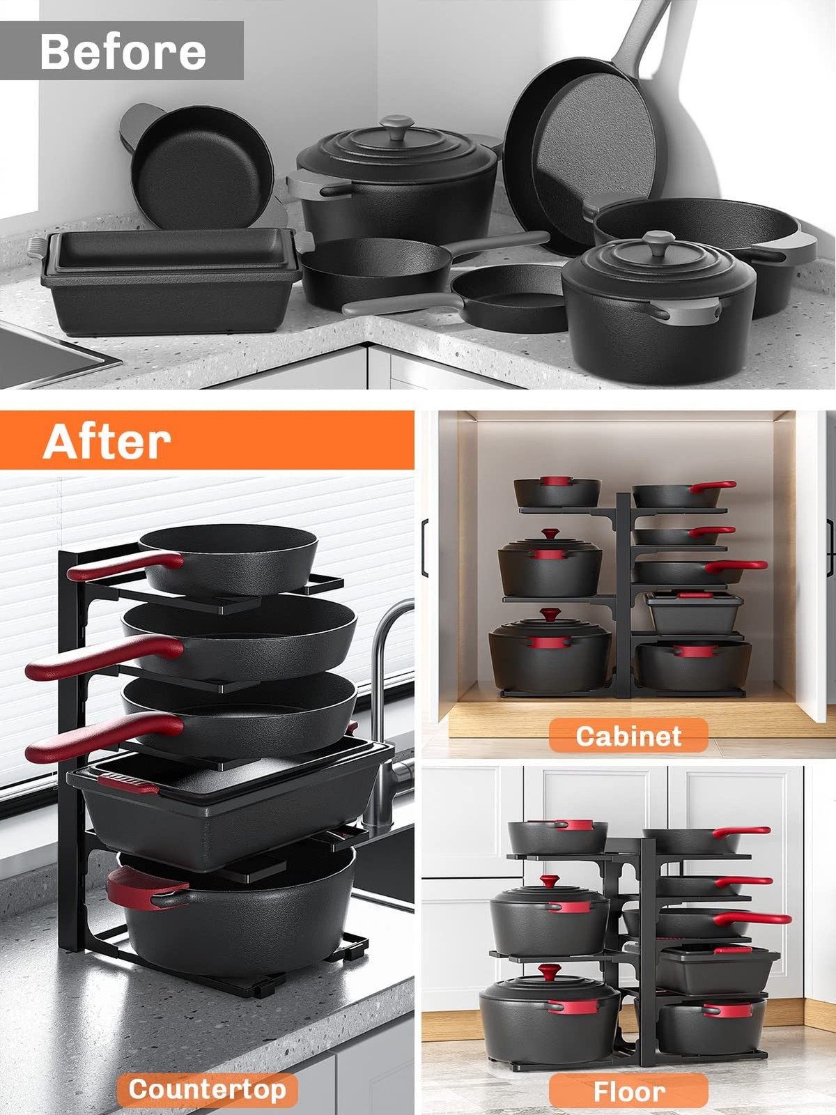 MUDEELA 8-Tier Heavy Duty Adjustable Pots and Pans Organizer and 10 Expandabl…