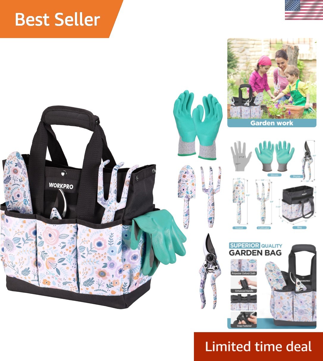Workpro 5-Piece Aluminum Garden Tool Set – Beautiful Floral Design & Storage Bag