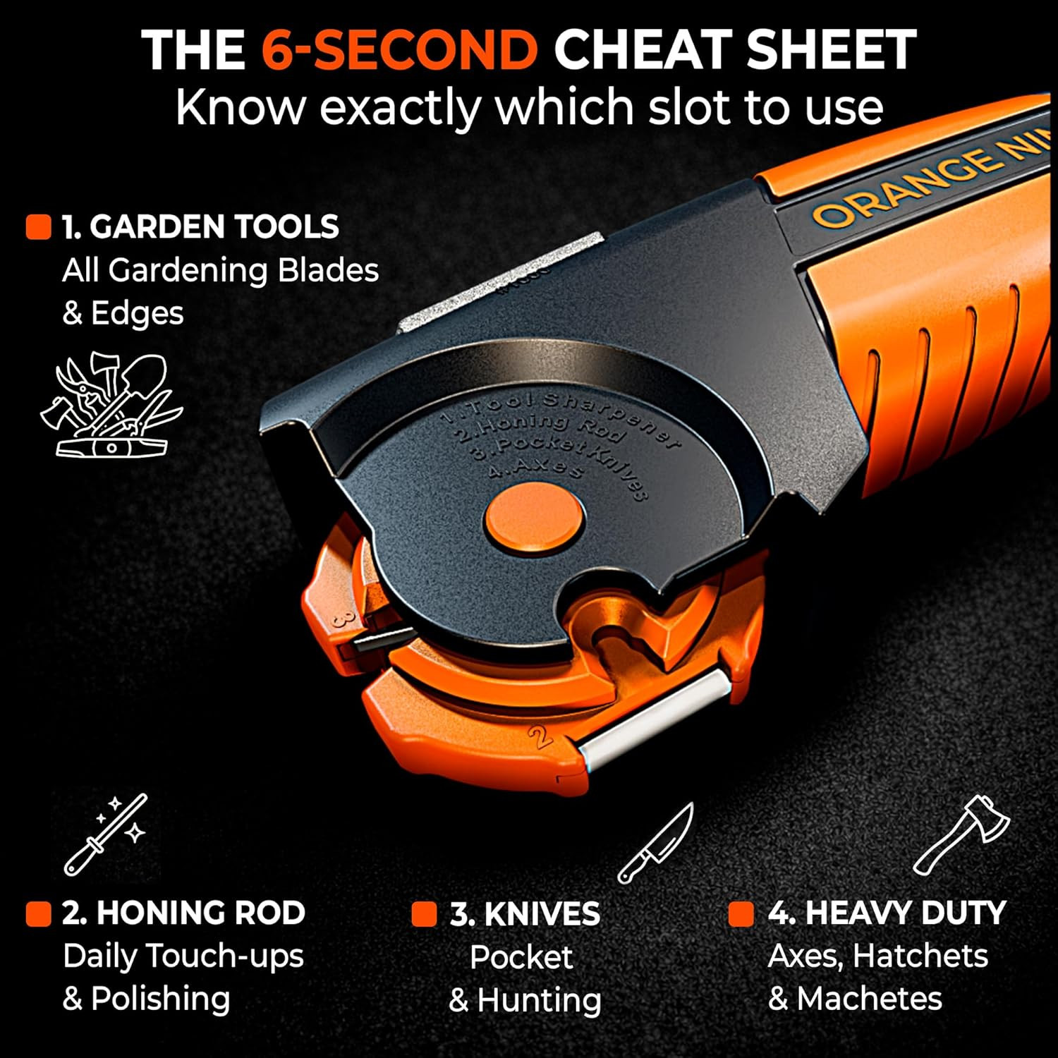Orange Ninja 7-In-1 Garden Tool & Knife Sharpener – Sharpens Axe, Hatchet, Mache