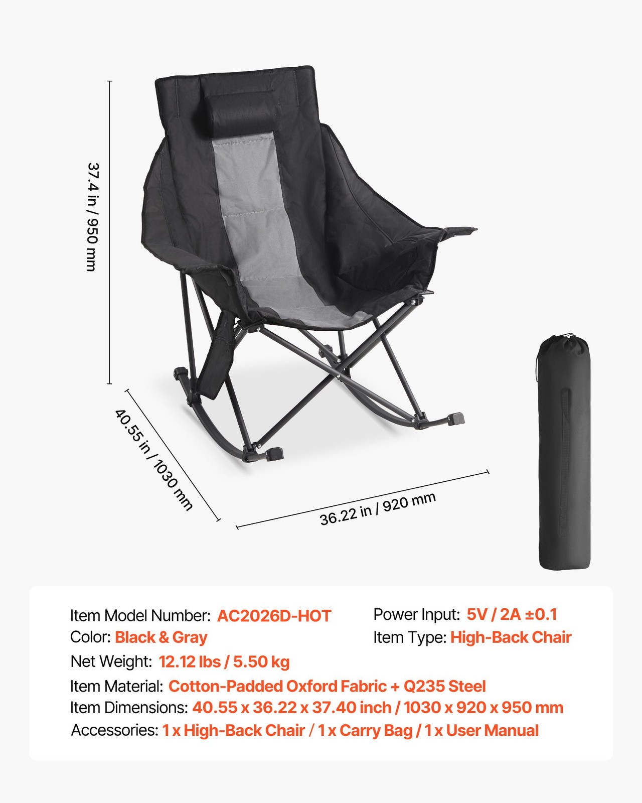Heated Camping Chair,3 Heating Settings,Large-Sized Padded Folding Rocker,Heavy