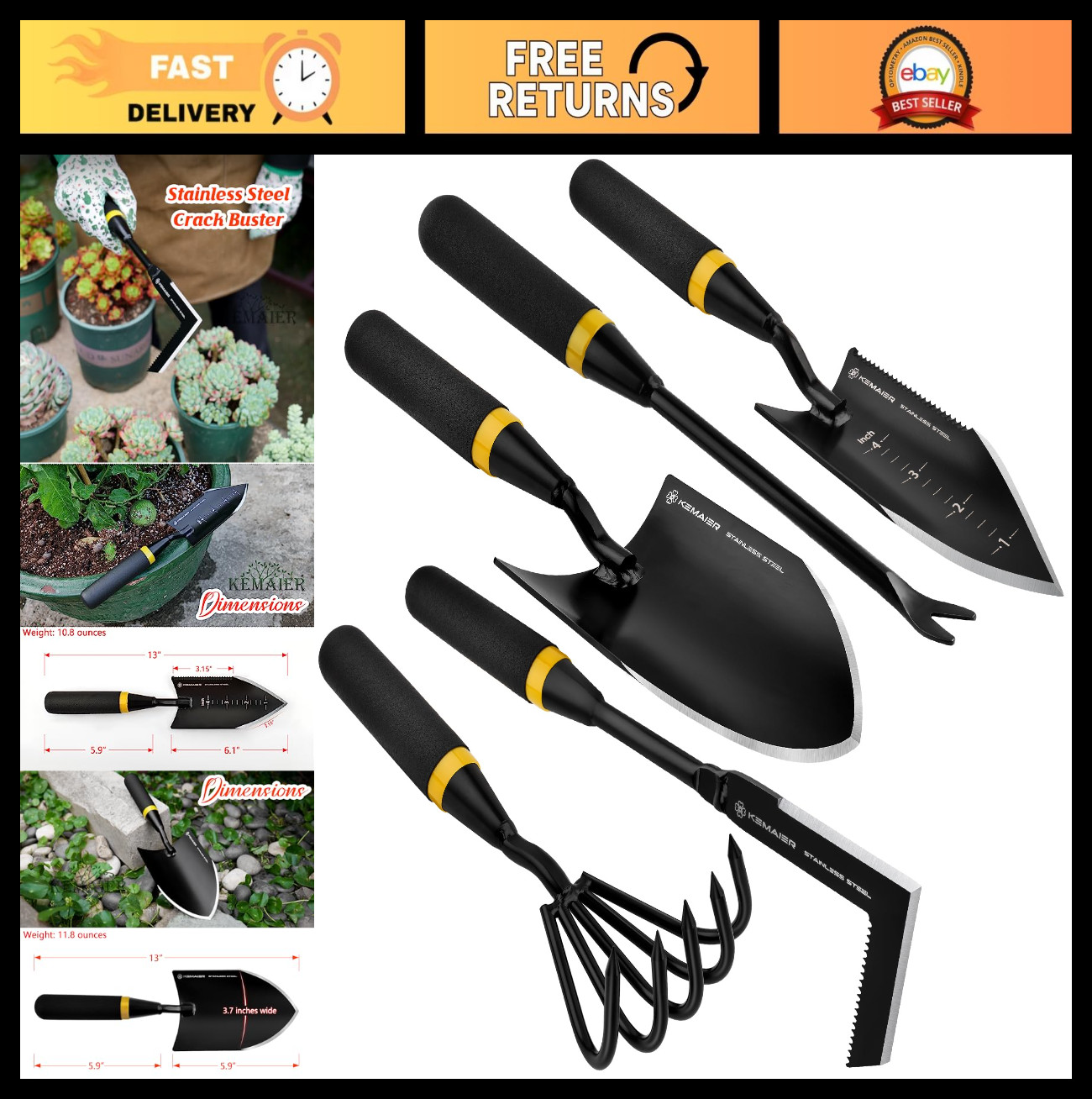 Heavy-Duty Stainless Steel Garden Tool Set – Cultivator, Trowel, Weeders & Shove
