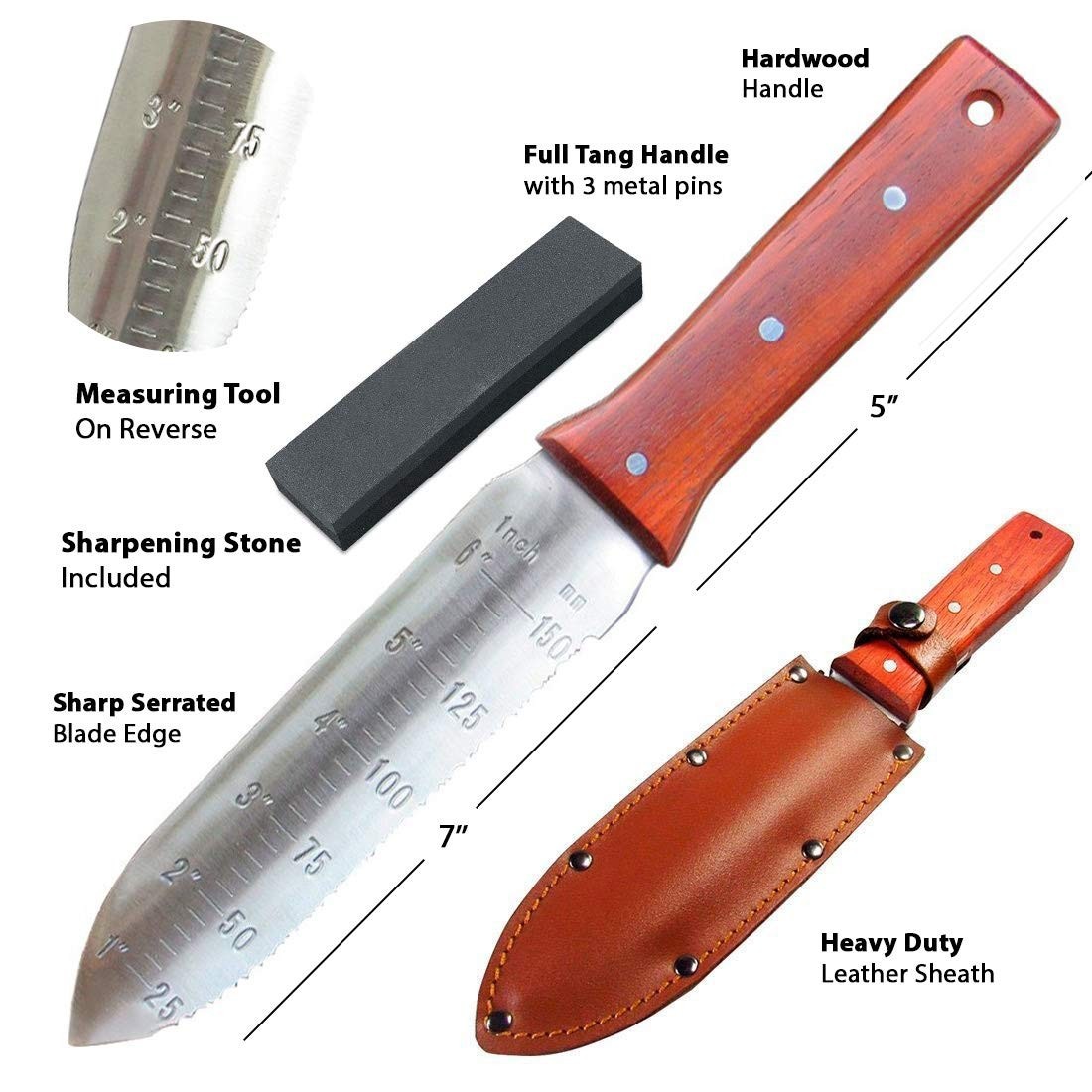 Durable 7″ Black Iron Hori Hori Garden Knife – Japanese Stainless Steel Tool for