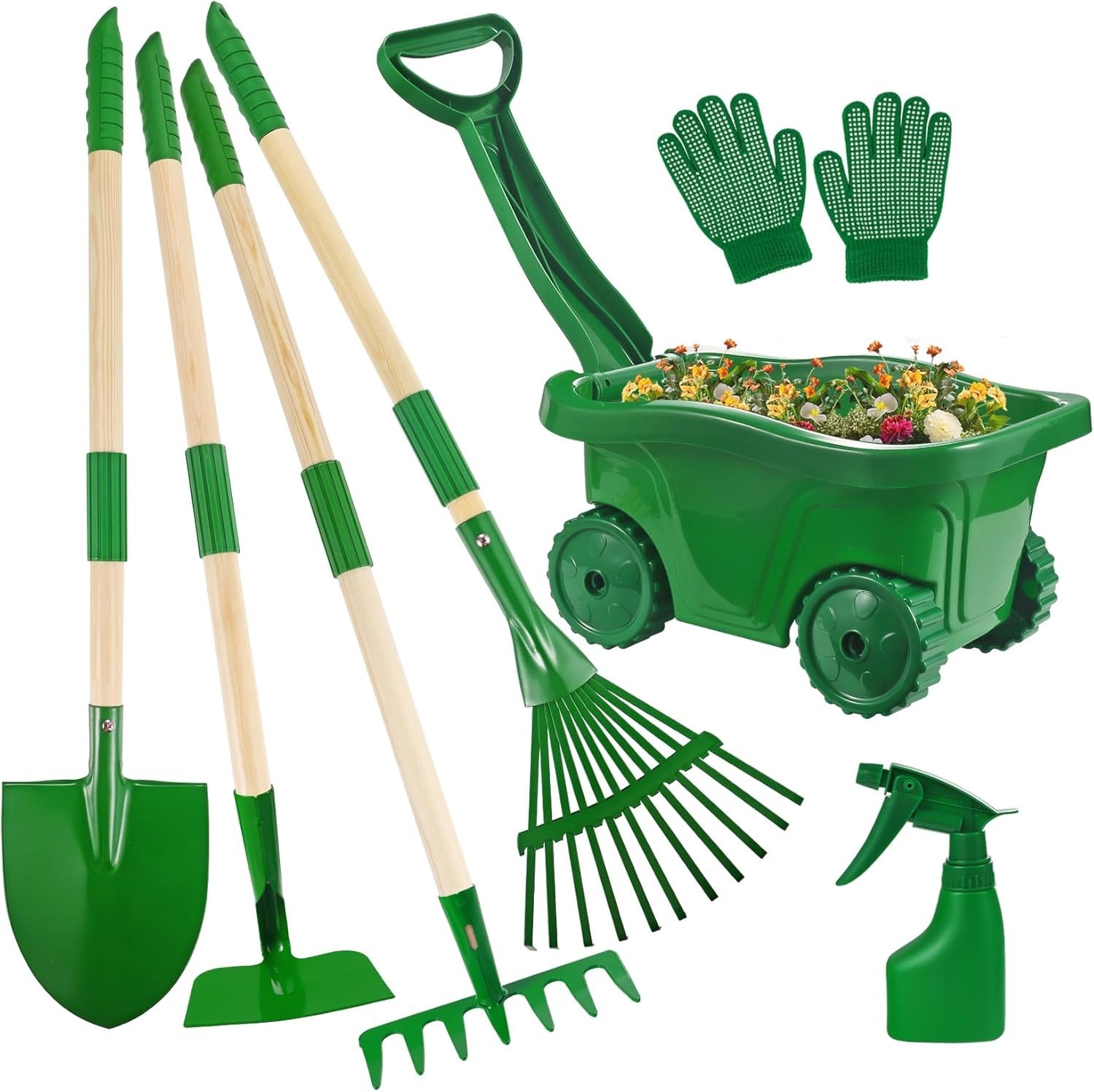 7PCS Kids Gardening Tool Set with Wheelbarrow Shovel Rake Outdoor Toy Green