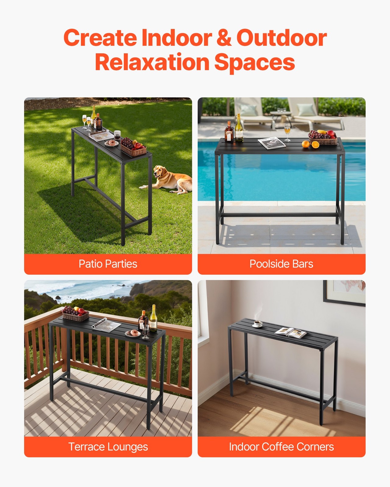 Outdoor Bar Table, 47 x 15 in Patio Bar Table, Waterproof Top & Sturdy Metal Fra