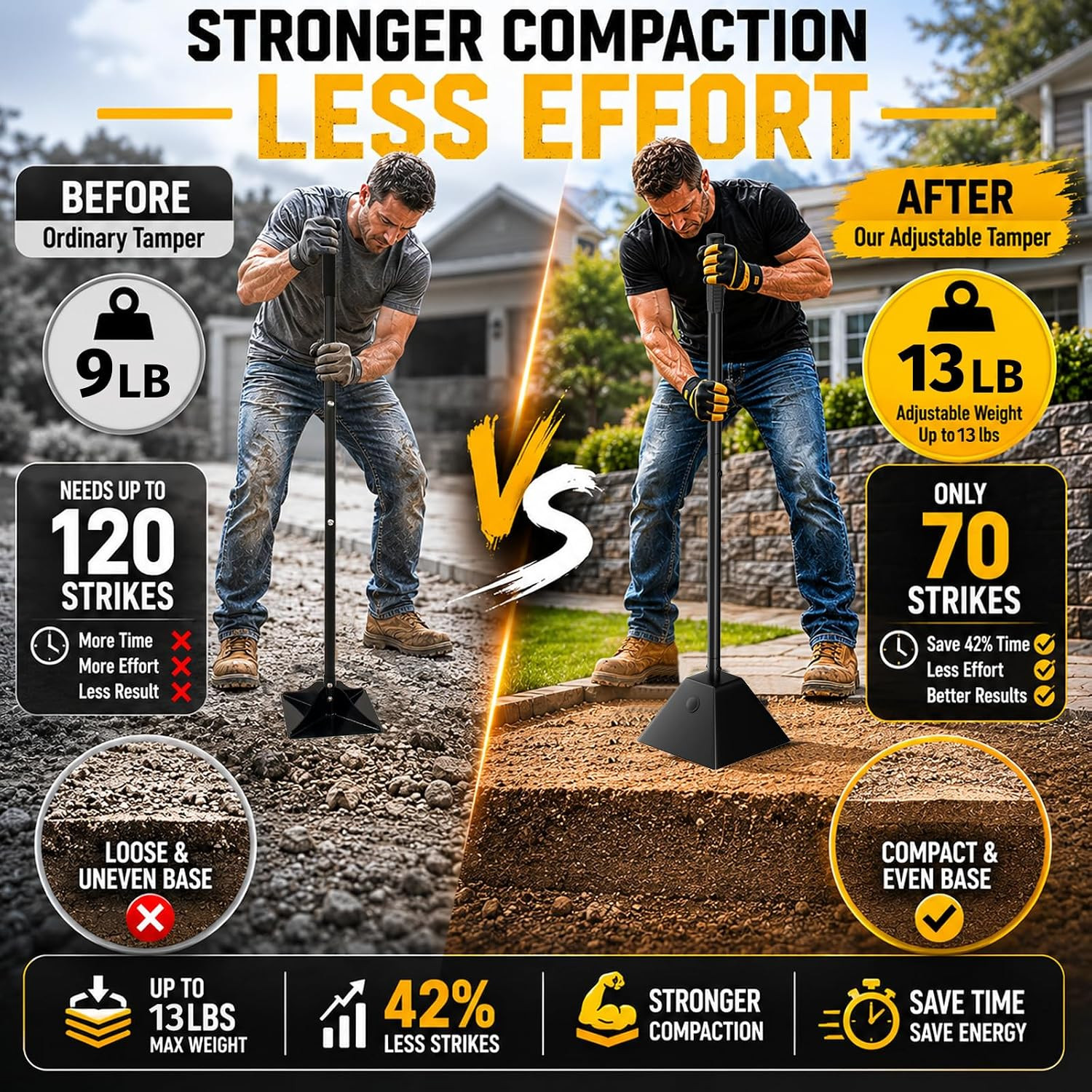 Heavy Duty Ground Tamper 8″x8″ – Up to 13LB Steel Tamper Tool for Pavers, Drivew