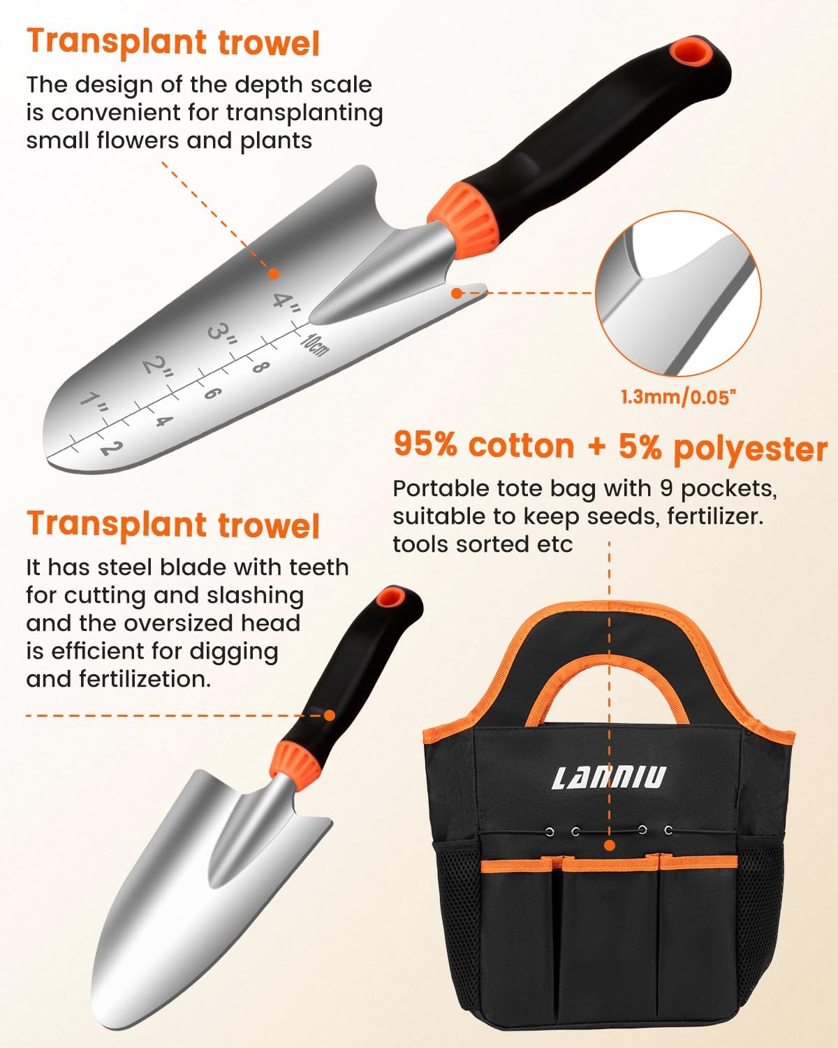 7~Piece Stainless Steel Garden Tool Set with Tote Bag, Non~Slip Grip