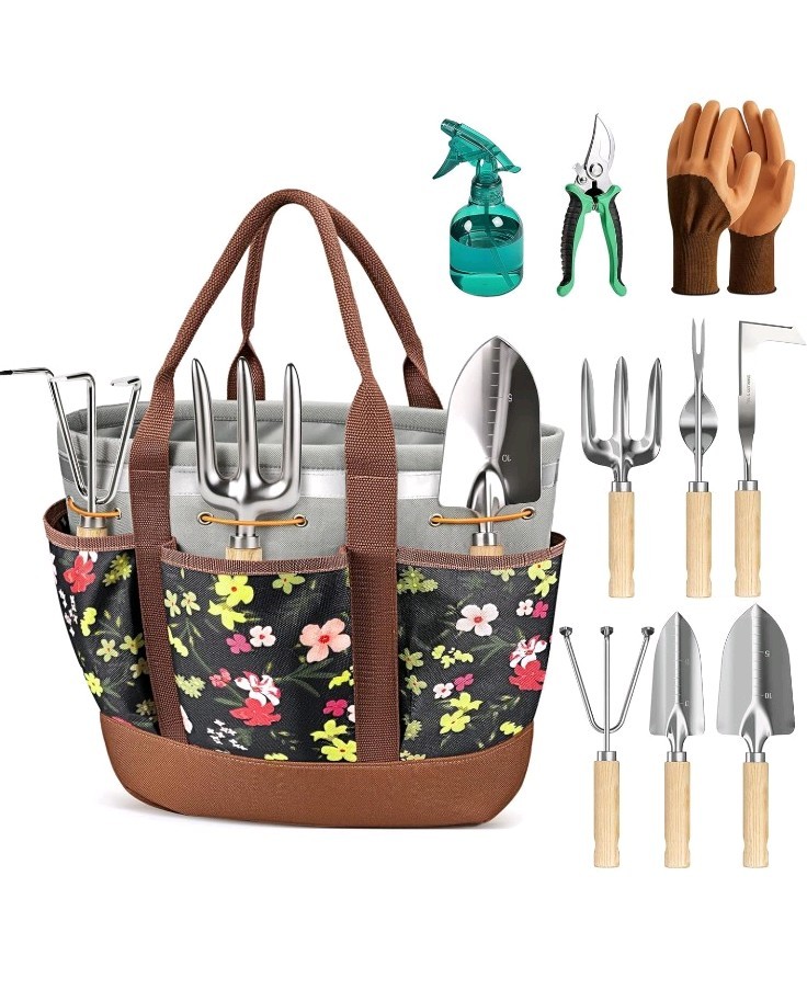 10 Piece Multicolor Garden Tool Set with Bag, Gloves, Pruner, Spray Bottle
