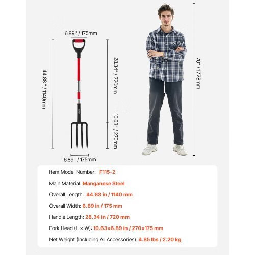 Garden Fork, 4-Tine Gardening Pitchfork with Fiberglass Handle, 45 in Heavy Duty
