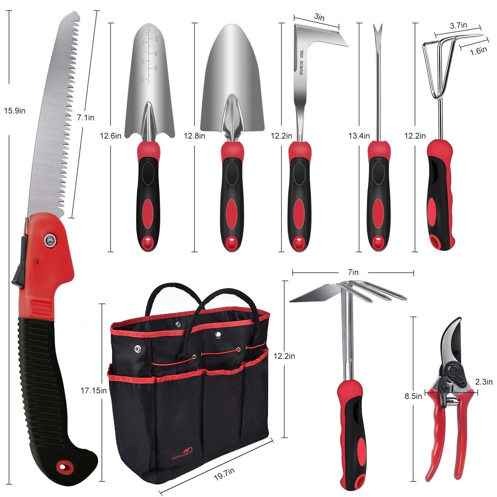 9 PCS Red Heavy Duty Stainless Steel Garden Tool Set With Tote Bag Gifts 1 PC