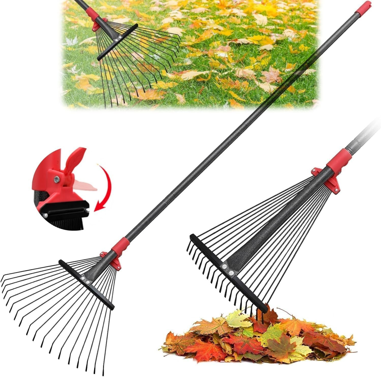 Rake for Yard Lawn Shrub tree Leaves 18 Tine 9″~17″ W x MAX 72″ Long handle Red
