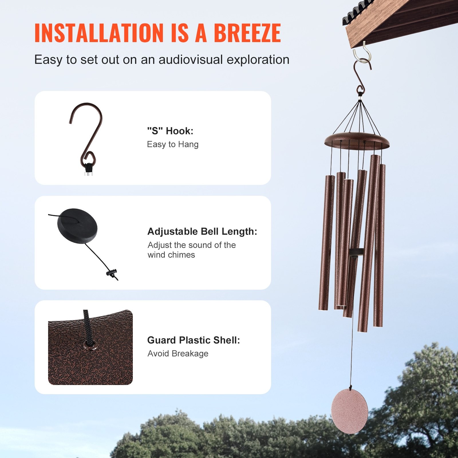 Wind Chimes for Outside,45 in,Deep Tone Wind Chimes with 6 Tubes,Unique Large Me