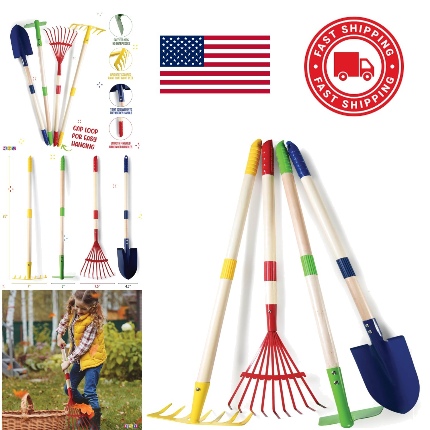 High Quality Kids Gardening Tool Set 4 Piece Metal Tools and Hardwood Handles