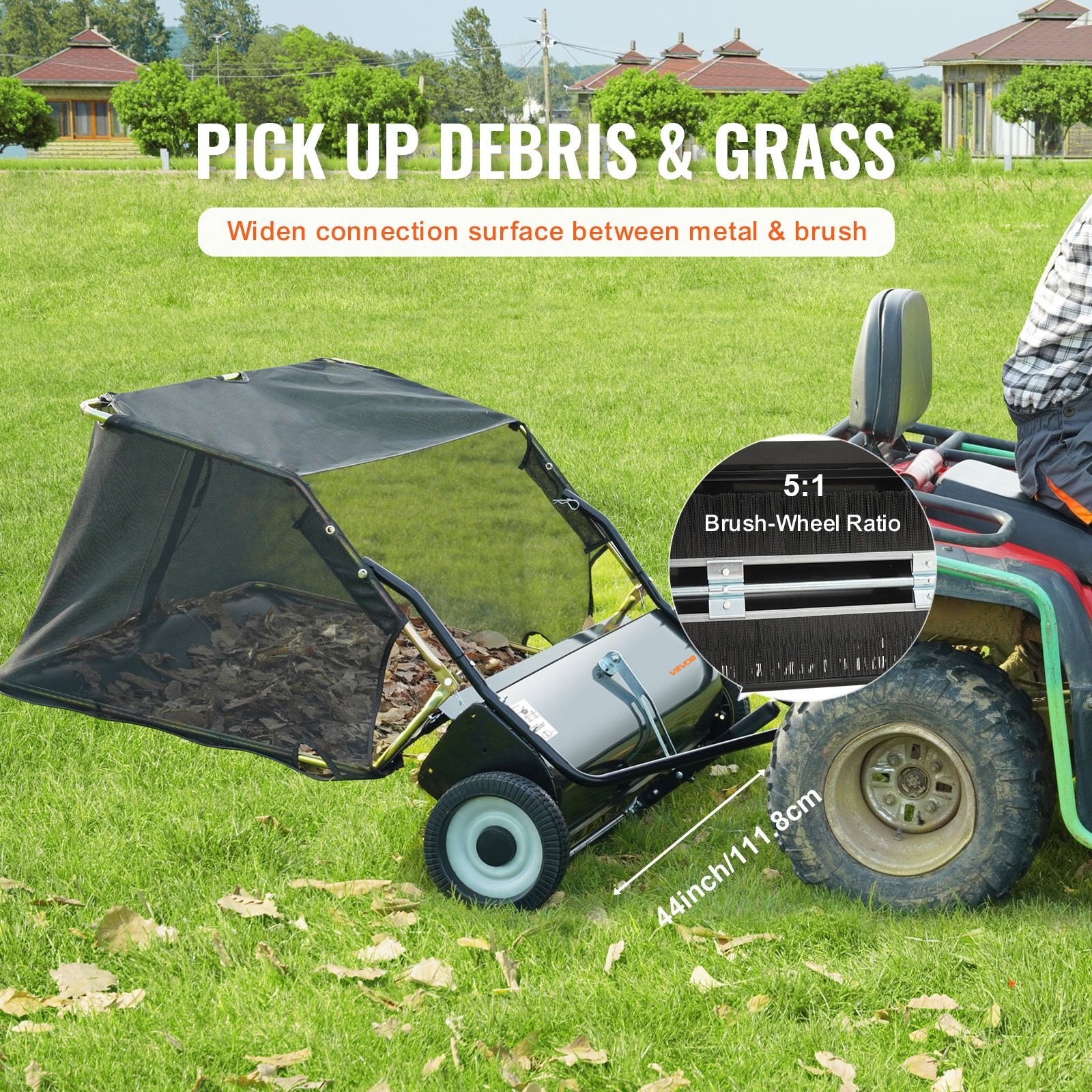 Tow Behind Lawn Sweeper, 44 in Pull Behind Lawn Sweeper, 25 cu. ft Large Capacit