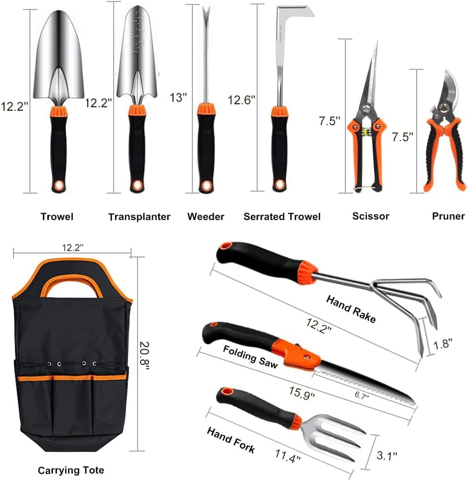 Garden Tool Set 10 PCS Stainless Steel Heavy Duty Soft Rubberized Non-Slip