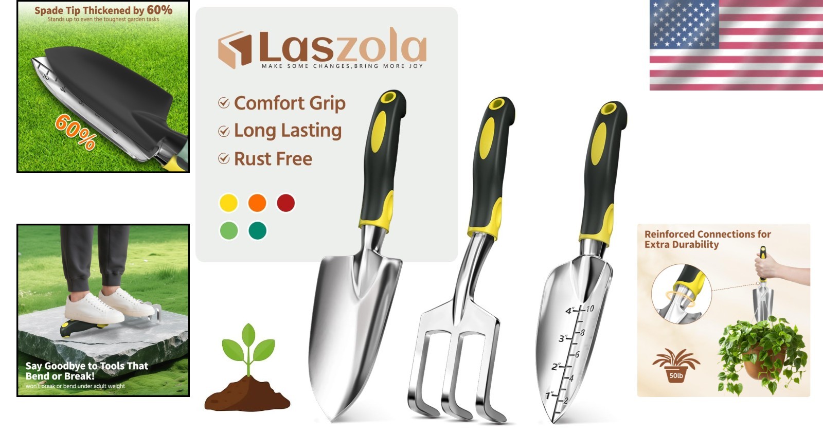 Essential 3-Piece Garden Tool Set with Ergonomic Grip for Beginners, Yellow
