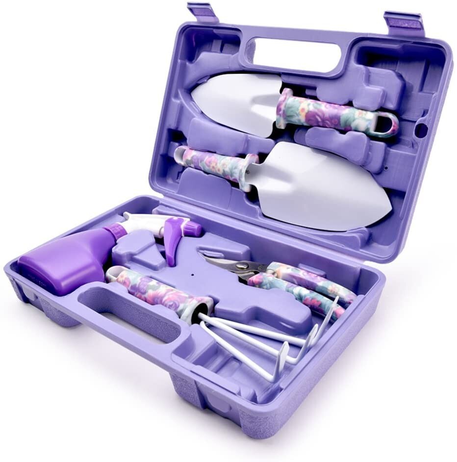 5 Pcs Garden Tool Set Handle Gardening Tools Shove Rake Sprayer w/ Carrying Case