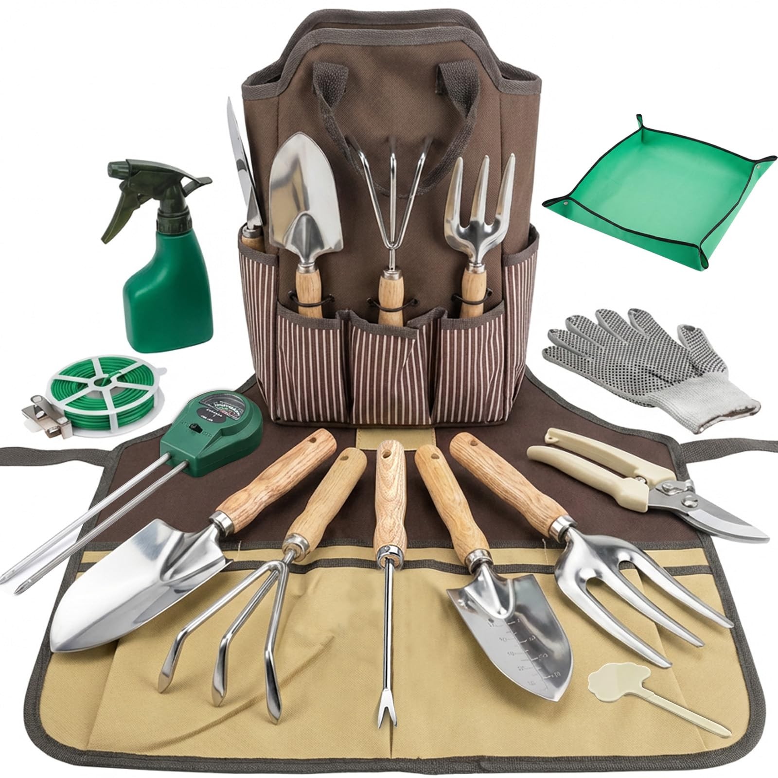 Beswill 14 PCS Garden Tool Set with Soil Moisture Meter, Stainless Grenn