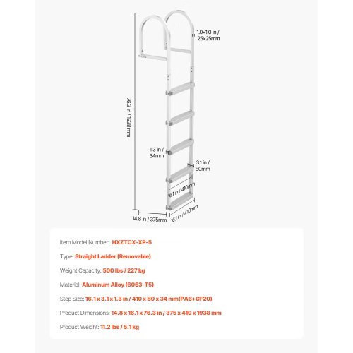 Removable Dock Ladder, 5 Steps, Aluminum Alloy Pontoon Boat Swim Ladder, with No