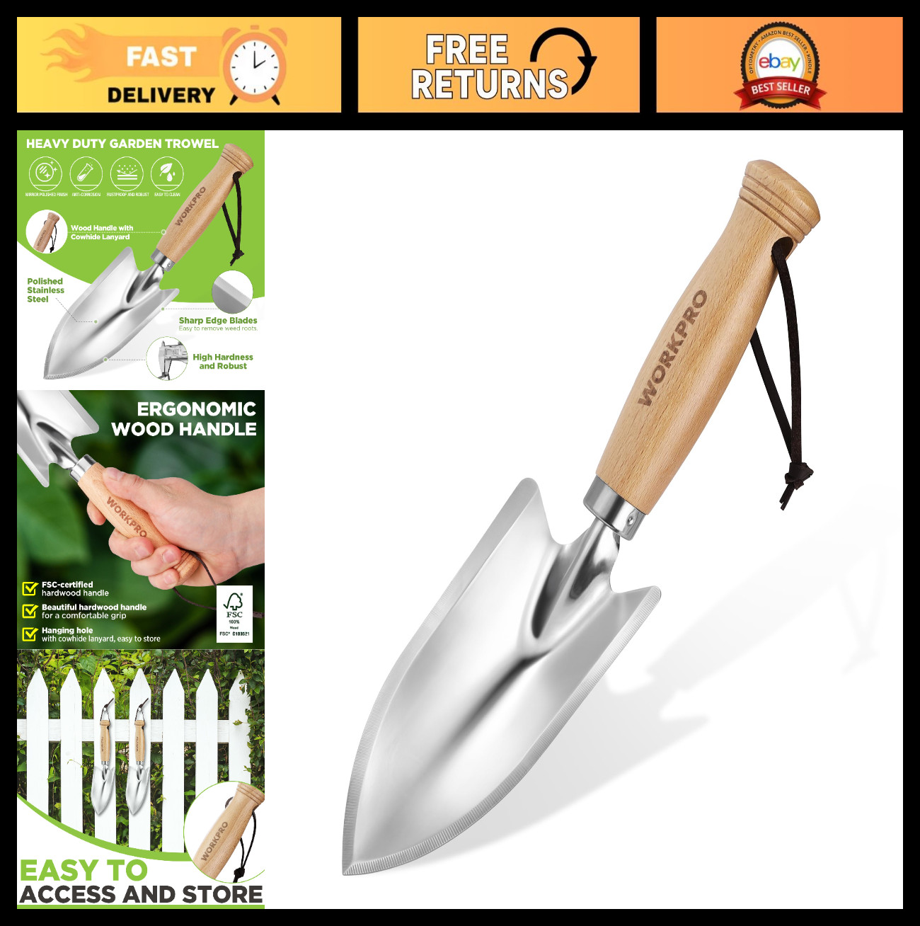 Heavy Duty 11″ Garden Hand Trowel – Stainless Steel Shovel with Wooden Handle, I