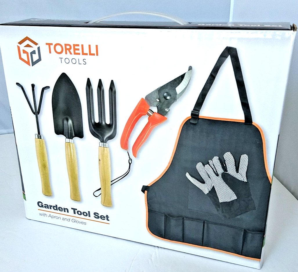 Garden Tools Set of 6 Hand Pruner Wood Handle Rake Trowel Fork Apron Gloves New