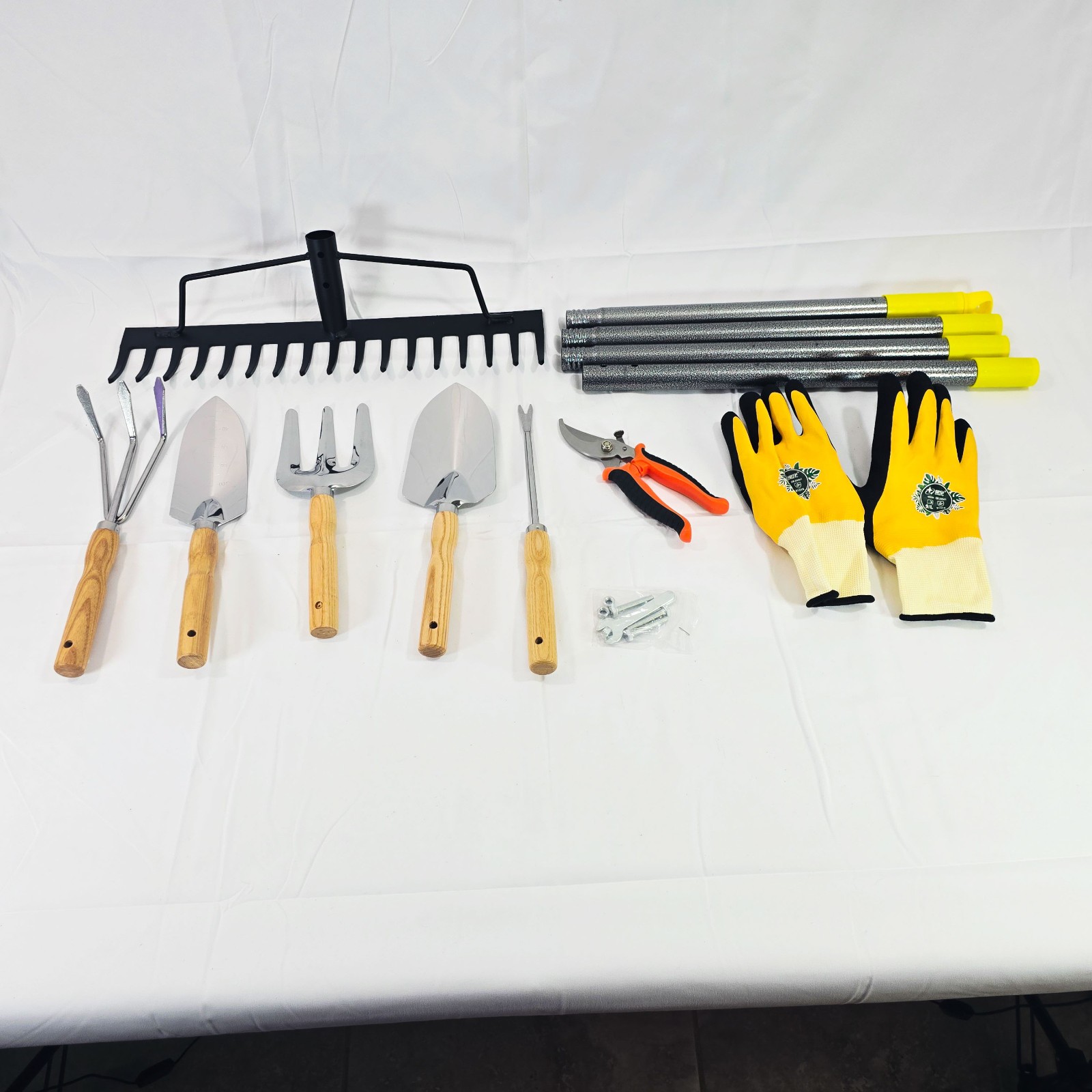 10Pc Garden Tool Set Wood Handle Kit Rake Trowel Weeder Pruners Gloves Yard Tool