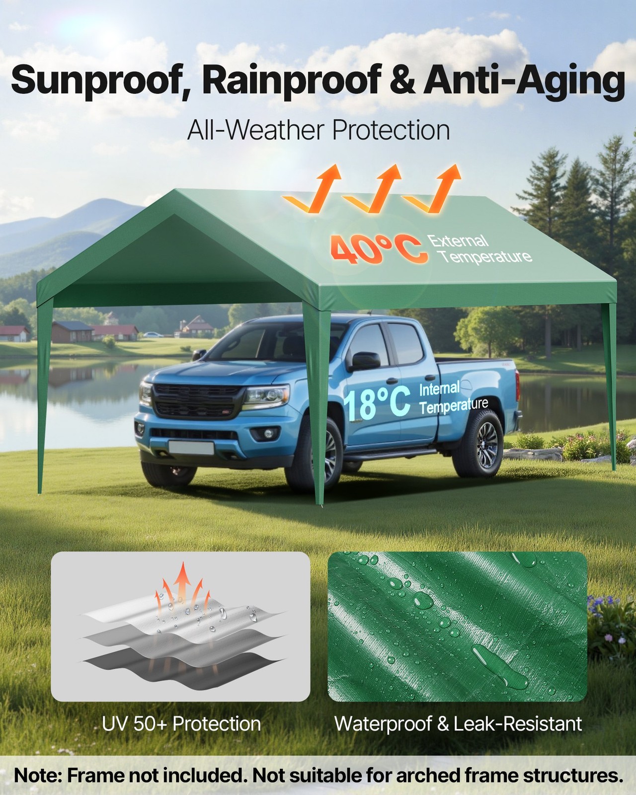 Carport Replacement Canopy, 10 x 20 ft Potable Garage Tent Top Tarp, UV-Resistan