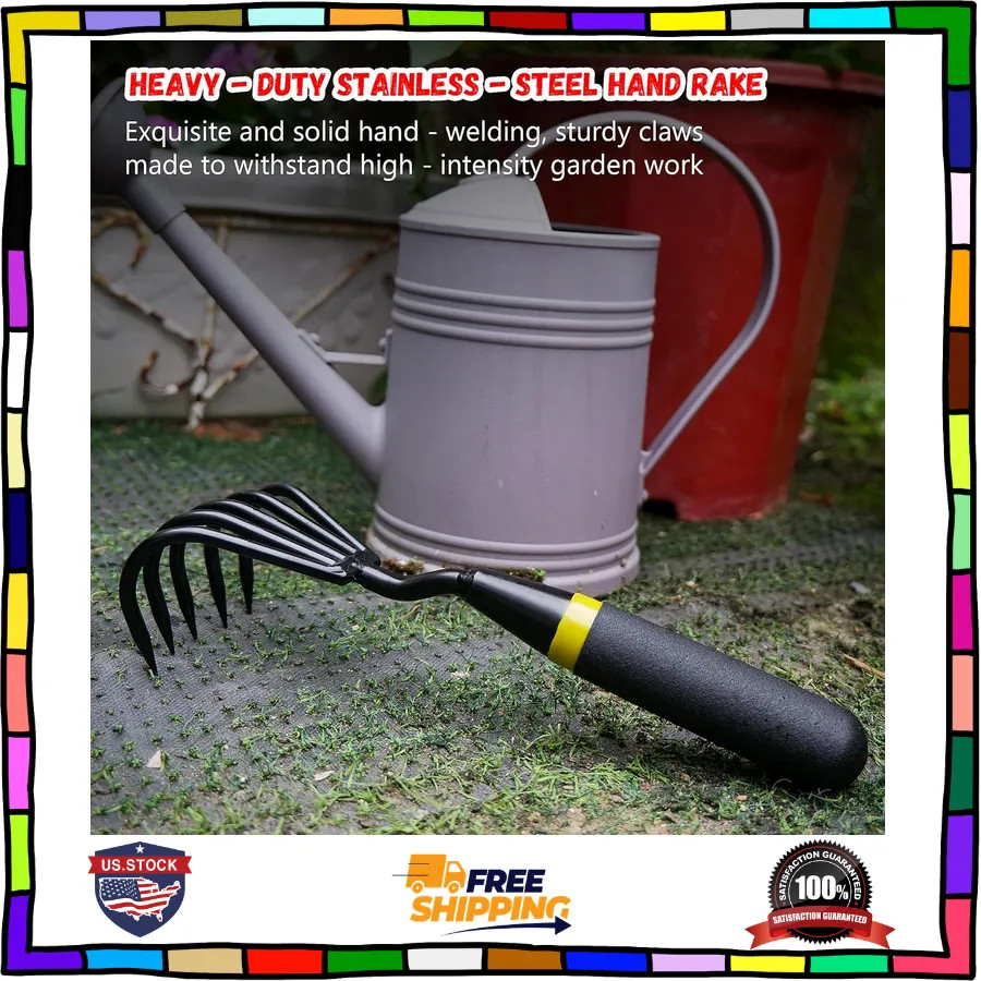 5-Claw Stainless Steel Hand Rake and Weeder Heavy Duty Garden Cultivator Tool