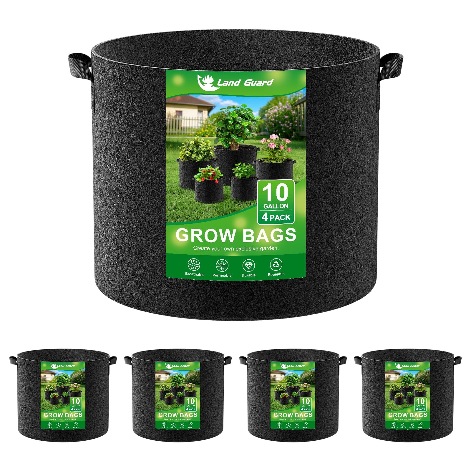 Land Guard 10 Gallon Fabric Grow Bags 4-Pack Nonwoven Garden Pots with Handles