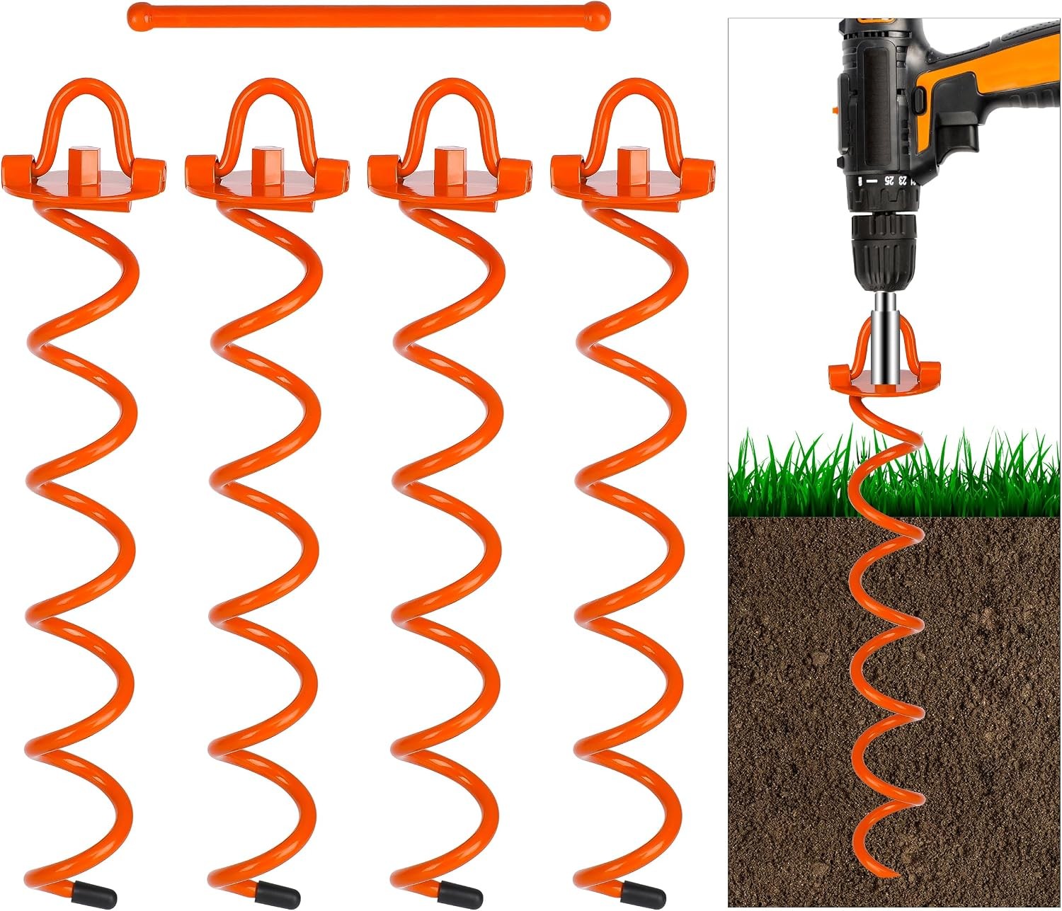 FEED GARDEN 16 Inch Spiral Ground Anchors Heavy Duty Screw Stakes 4 Pack Orange