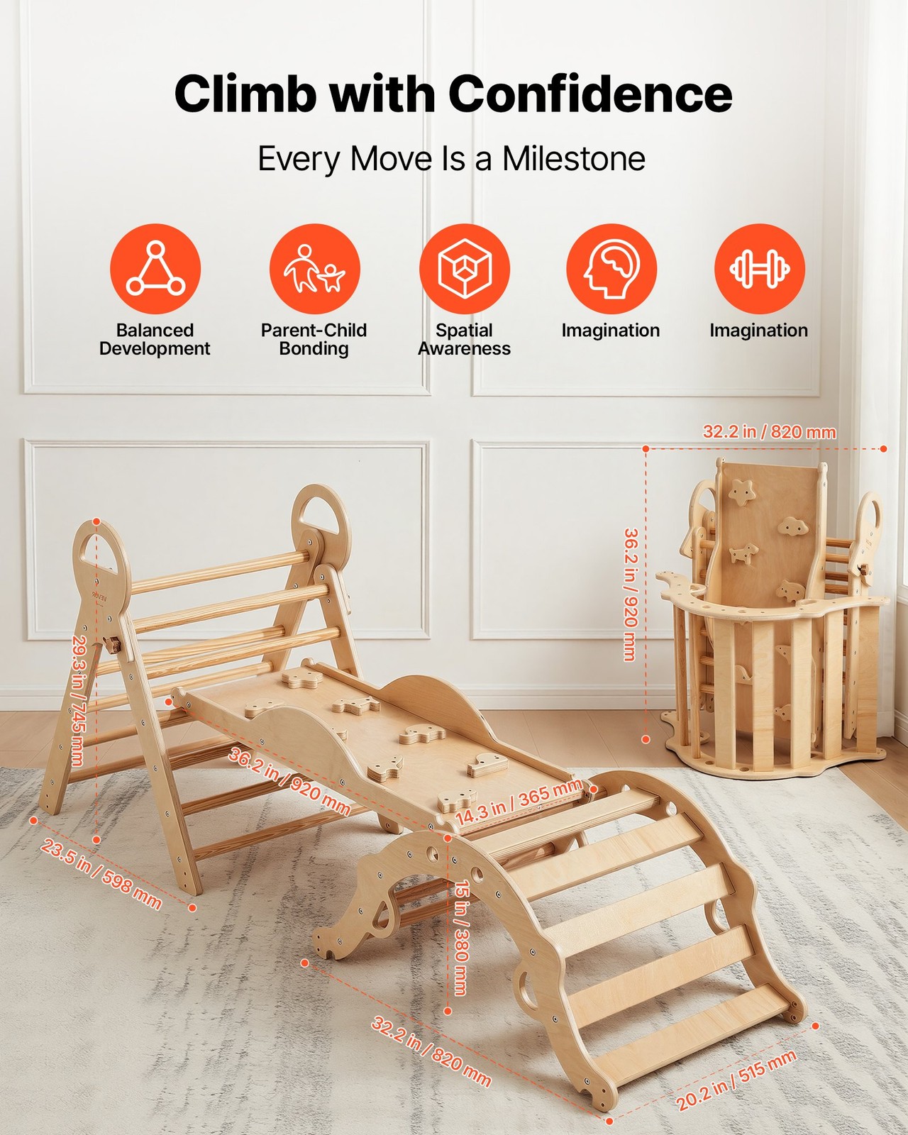 Pikler Triangle Set, 9-in-1 Toddler Climbing Toys Indoor, with 2 Wooden Cars, Cu