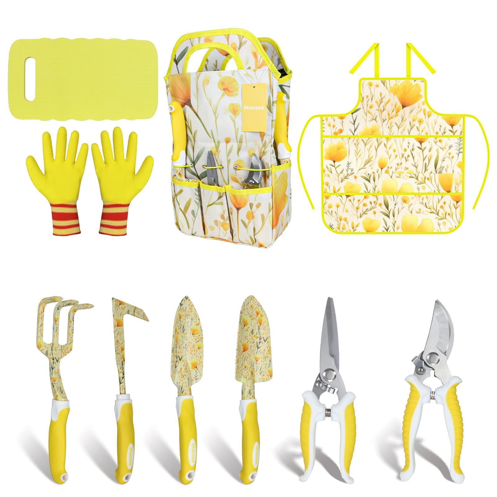 Yellow Garden Tools Set for Women, 10-Piece Gardening Tool Kit with Handbag, …